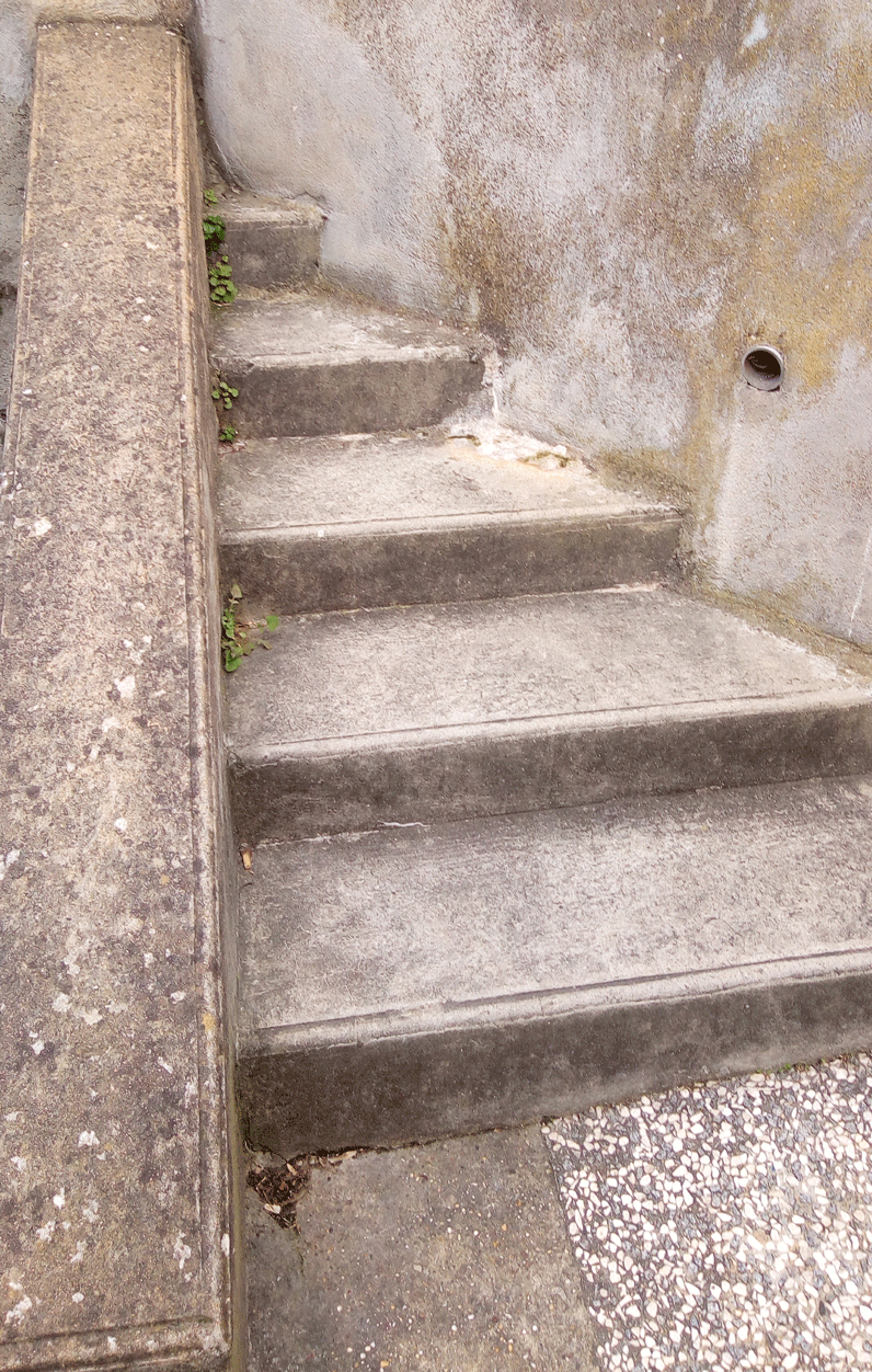Un petit escalier menant à un mur.